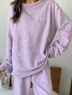 Women's Pajamas Sets Letter Plush Casual Comfort Home Daily Bed Coral Fleece Coral Velvet Warm Crew Neck Long Sleeve Pullover Pant Elastic Waist Fall Winter Light Pink White Home Outfits