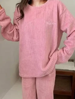 Women's Pajamas Sets Letter Plush Casual Comfort Home Daily Bed Coral Fleece Coral Velvet Warm Crew Neck Long Sleeve Pullover Pant Elastic Waist Fall Winter Light Pink White Home Outfits