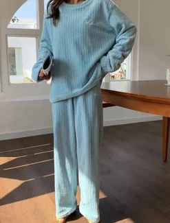 Women's Pajamas Sets Letter Plush Casual Comfort Home Daily Bed Coral Fleece Coral Velvet Warm Crew Neck Long Sleeve Pullover Pant Elastic Waist Fall Winter Light Pink White Home Outfits