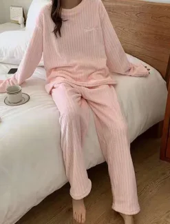 Women's Pajamas Sets Letter Plush Casual Comfort Home Daily Bed Coral Fleece Coral Velvet Warm Crew Neck Long Sleeve Pullover Pant Elastic Waist Fall Winter Light Pink White Home Outfits