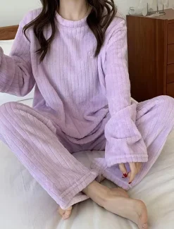 Women's Pajamas Sets Letter Plush Casual Comfort Home Bed Coral Fleece Coral Velvet Warm Breathable Crew Neck Long Sleeve Pullover Pant Embroidery Fall Winter Home Outfits