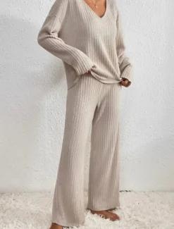 Women's Pajamas Sets Pure Color Fashion Comfort Home Daily Bed Knit Breathable V Wire Long Sleeve Pant Elastic Waist Spring Fall Black Camel Home Outfits