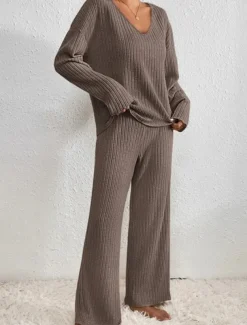 Women's Pajamas Sets Pure Color Fashion Comfort Home Daily Bed Knit Breathable V Wire Long Sleeve Pant Elastic Waist Spring Fall Black Camel Home Outfits
