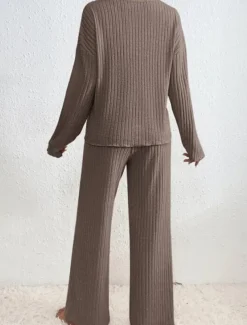 Women's Pajamas Sets Pure Color Fashion Comfort Home Daily Bed Knit Breathable V Wire Long Sleeve Pant Elastic Waist Spring Fall Black Camel Home Outfits