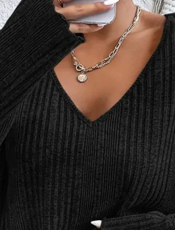 Women's Pajamas Sets Pure Color Fashion Comfort Home Daily Bed Knit Breathable V Wire Long Sleeve Pant Elastic Waist Spring Fall Black Camel Home Outfits