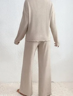 Women's Pajamas Sets Pure Color Fashion Comfort Home Daily Bed Knit Breathable V Wire Long Sleeve Pant Elastic Waist Spring Fall Black Camel Home Outfits