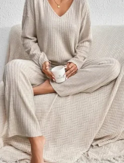Women's Pajamas Sets Pure Color Fashion Comfort Home Daily Bed Knit Breathable V Wire Long Sleeve Pant Elastic Waist Spring Fall Black Camel Home Outfits
