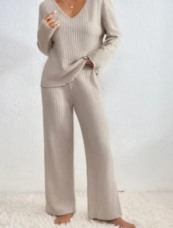 Women's Pajamas Sets Pure Color Fashion Comfort Home Daily Bed Knit Breathable V Wire Long Sleeve Pant Elastic Waist Spring Fall Black Camel Home Outfits