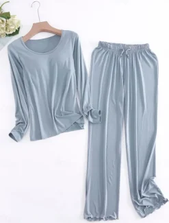 Women's Pajamas Sets Pure Color Casual Comfort Home Bed Modal Breathable Crew Neck Long Sleeve Shirt Pant Fall Winter Home Outfits