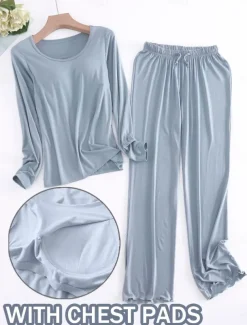 Women's Pajamas Sets Pure Color Casual Comfort Home Bed Modal Breathable Crew Neck Long Sleeve Shirt Pant Fall Winter Home Outfits