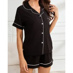 Women's Pajamas Sets Pure Color Fashion Comfort Home Daily Bed Rayon Breathable Lapel Short Sleeve Shirt Shorts Button Pocket Summer Spring Home Outfits