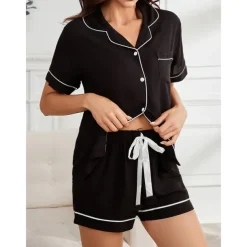 Women's Pajamas Sets Pure Color Fashion Comfort Home Daily Bed Rayon Breathable Lapel Short Sleeve Shirt Shorts Button Pocket Summer Spring Home Outfits