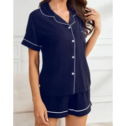 Women's Pajamas Sets Pure Color Fashion Comfort Home Daily Bed Rayon Breathable Lapel Short Sleeve Shirt Shorts Button Pocket Summer Spring Home Outfits