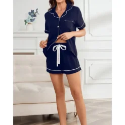 Women's Pajamas Sets Pure Color Fashion Comfort Home Daily Bed Rayon Breathable Lapel Short Sleeve Shirt Shorts Button Pocket Summer Spring Home Outfits