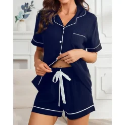Women's Pajamas Sets Pure Color Fashion Comfort Home Daily Bed Rayon Breathable Lapel Short Sleeve Shirt Shorts Button Pocket Summer Spring Home Outfits