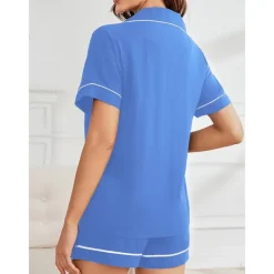 Women's Pajamas Sets Pure Color Fashion Comfort Home Daily Bed Rayon Breathable Lapel Short Sleeve Shirt Shorts Button Pocket Summer Spring Home Outfits