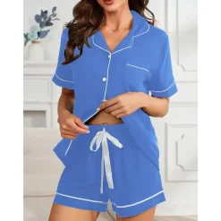 Women's Pajamas Sets Pure Color Fashion Comfort Home Daily Bed Rayon Breathable Lapel Short Sleeve Shirt Shorts Button Pocket Summer Spring Home Outfits