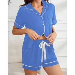 Women's Pajamas Sets Pure Color Fashion Comfort Home Daily Bed Rayon Breathable Lapel Short Sleeve Shirt Shorts Button Pocket Summer Spring Home Outfits