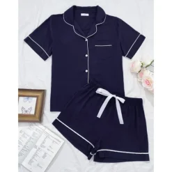 Women's Pajamas Sets Pure Color Fashion Comfort Home Daily Bed Rayon Breathable Lapel Short Sleeve Shirt Shorts Button Pocket Summer Spring Home Outfits