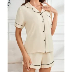 Women's Pajamas Sets Pure Color Fashion Comfort Home Daily Bed Rayon Breathable Lapel Short Sleeve Shirt Shorts Button Pocket Summer Spring Home Outfits