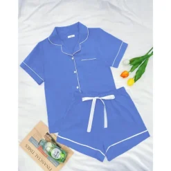 Women's Pajamas Sets Pure Color Fashion Comfort Home Daily Bed Rayon Breathable Lapel Short Sleeve Shirt Shorts Button Pocket Summer Spring Home Outfits