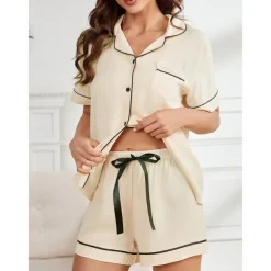 Women's Pajamas Sets Pure Color Fashion Comfort Home Daily Bed Rayon Breathable Lapel Short Sleeve Shirt Shorts Button Pocket Summer Spring Home Outfits
