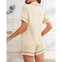 Women's Pajamas Sets Pure Color Fashion Comfort Home Daily Bed Rayon Breathable Lapel Short Sleeve Shirt Shorts Button Pocket Summer Spring Home Outfits