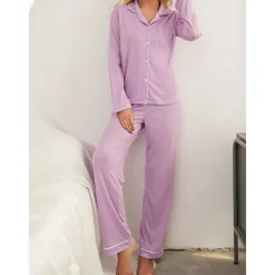 Women's Pajamas Sets Pure Color Fashion Basic Comfort Home Daily Bed Breathable Lapel Long Sleeve Shirt Pant Button Pocket Fall Winter Home Outfits