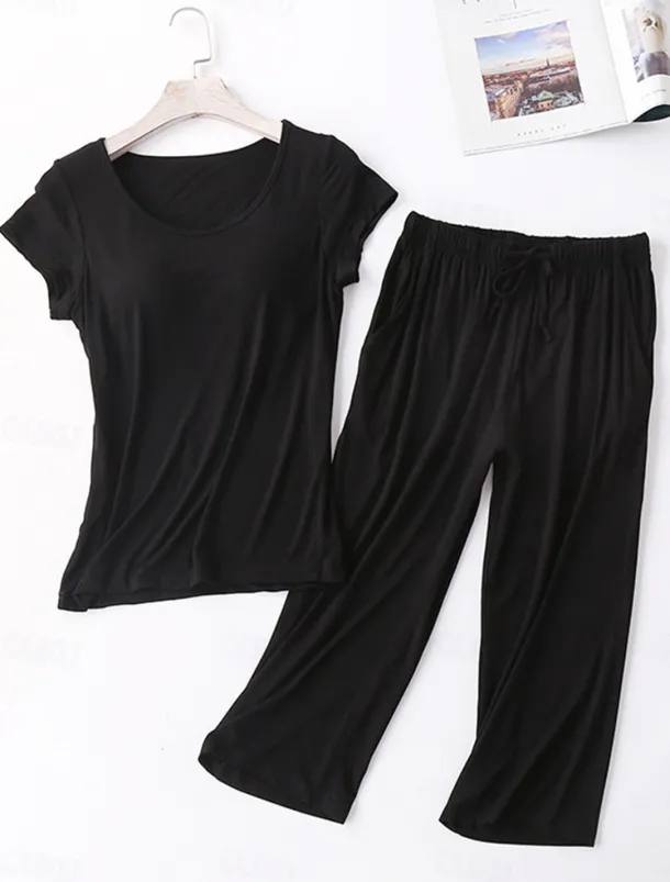 Women's Pajamas Sets Pure Color Simple Comfort Home Daily Bed Modal Breathable Crew Neck Short Sleeve T shirt Tee Pant Chest pads Summer Home Outfits