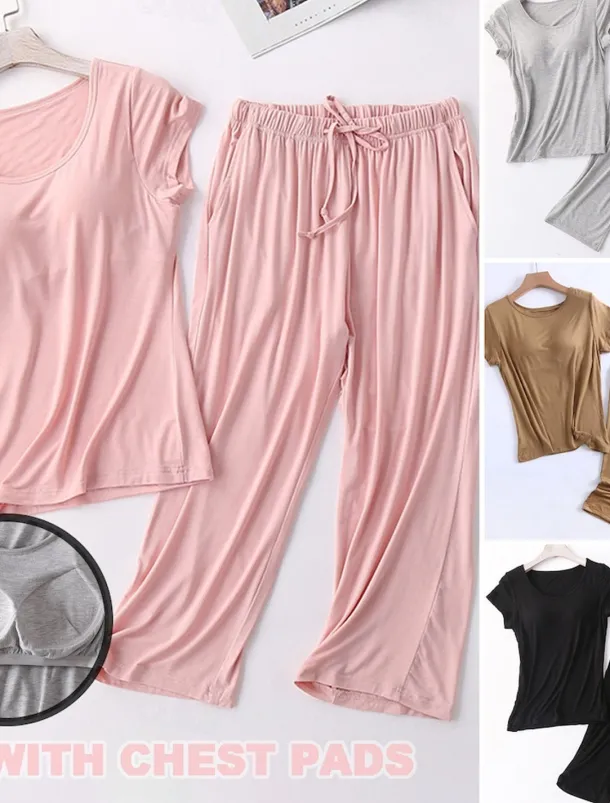 Women's Pajamas Sets Pure Color Simple Comfort Home Daily Bed Modal Breathable Crew Neck Short Sleeve T shirt Tee Pant Chest pads Summer Home Outfits