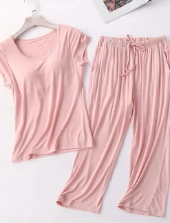 Women's Pajamas Sets Pure Color Simple Comfort Home Daily Bed Modal Breathable Crew Neck Short Sleeve T shirt Tee Pant Chest pads Summer Home Outfits