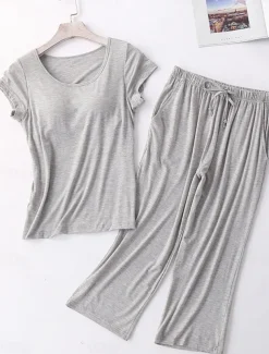 Women's Pajamas Sets Pure Color Simple Comfort Home Daily Bed Modal Breathable Crew Neck Short Sleeve T shirt Tee Pant Chest pads Summer Home Outfits