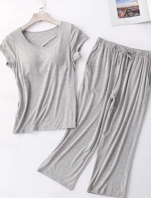 Women's Pajamas Sets Pure Color Simple Comfort Home Daily Bed Modal Breathable Crew Neck Short Sleeve T shirt Tee Pant Chest pads Summer Home Outfits
