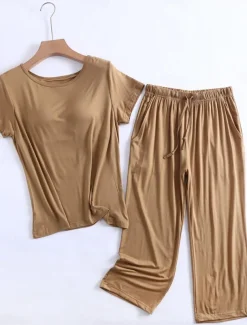 Women's Pajamas Sets Pure Color Simple Comfort Home Daily Bed Modal Breathable Crew Neck Short Sleeve T shirt Tee Pant Chest pads Summer Home Outfits