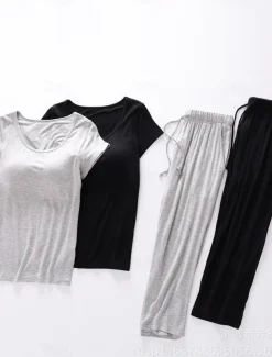 Women's Pajamas Sets Pure Color Simple Comfort Home Daily Bed Modal Breathable Crew Neck Short Sleeve T shirt Tee Pant Chest pads Summer Home Outfits