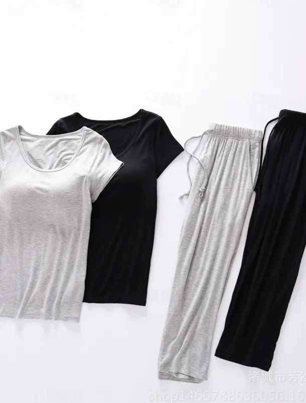 Women's Pajamas Sets Pure Color Simple Comfort Home Daily Bed Modal Breathable Crew Neck Short Sleeve T shirt Tee Pant Chest pads Summer Home Outfits