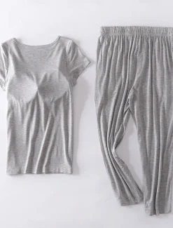 Women's Pajamas Sets Pure Color Simple Comfort Home Daily Bed Modal Breathable Crew Neck Short Sleeve T shirt Tee Pant Chest pads Summer Home Outfits