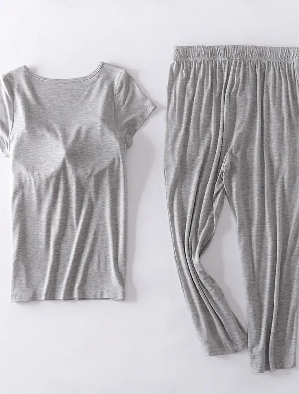 Women's Pajamas Sets Pure Color Simple Comfort Home Daily Bed Modal Breathable Crew Neck Short Sleeve T shirt Tee Pant Chest pads Summer Home Outfits