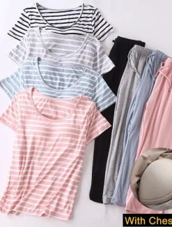 Women's Pajamas Sets Stripe Fashion Comfort Home Daily Bed Modal Breathable Crew Neck Short Sleeve T shirt Tee Pant Elastic Waist Chest pads Summer Home Outfits