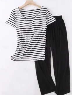 Women's Pajamas Sets Stripe Fashion Comfort Home Daily Bed Modal Breathable Crew Neck Short Sleeve T shirt Tee Pant Elastic Waist Chest pads Summer Home Outfits