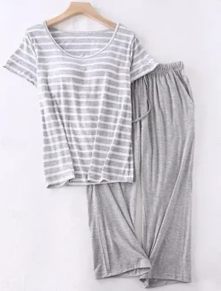 Women's Pajamas Sets Stripe Fashion Comfort Home Daily Bed Modal Breathable Crew Neck Short Sleeve T shirt Tee Pant Elastic Waist Chest pads Summer Home Outfits
