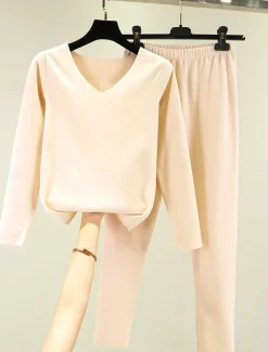 Women's Pajamas Thermal Set Pure Color Fashion Plush Casual Home Daily Bed Acrylic Breathable V Wire Long Sleeve T shirt Tee Pant Fall Winter Home Outfits