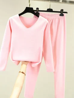 Women's Pajamas Thermal Set Pure Color Fashion Plush Casual Home Daily Bed Acrylic Breathable V Wire Long Sleeve T shirt Tee Pant Fall Winter Home Outfits