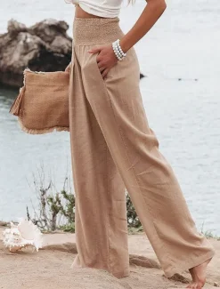 Women's Pants Fashion Basic Comfort Pure Color Pocket Elastic Waist Cotton Linen Pants Home Daily Long Pant Black White Pink Khaki Summer