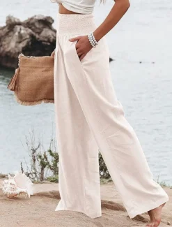 Women's Pants Fashion Basic Comfort Pure Color Pocket Elastic Waist Cotton Linen Pants Home Daily Long Pant Black White Pink Khaki Summer