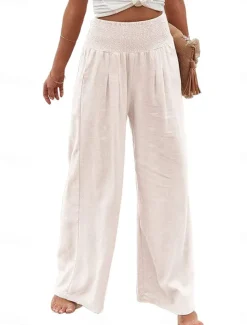 Women's Pants Fashion Basic Comfort Pure Color Pocket Elastic Waist Cotton Linen Pants Home Daily Long Pant Black White Pink Khaki Summer