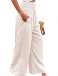 Women's Pants Fashion Basic Comfort Pure Color Pocket Elastic Waist Cotton Linen Pants Home Daily Long Pant Black White Pink Khaki Summer