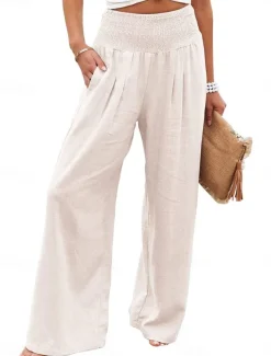 Women's Pants Fashion Basic Comfort Pure Color Pocket Elastic Waist Cotton Linen Pants Home Daily Long Pant Black White Pink Khaki Summer