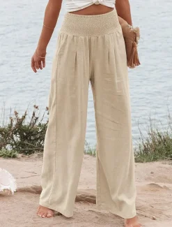 Women's Pants Fashion Basic Comfort Pure Color Pocket Elastic Waist Cotton Linen Pants Home Daily Long Pant Black White Pink Khaki Summer