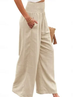 Women's Pants Fashion Basic Comfort Pure Color Pocket Elastic Waist Cotton Linen Pants Home Daily Long Pant Black White Pink Khaki Summer